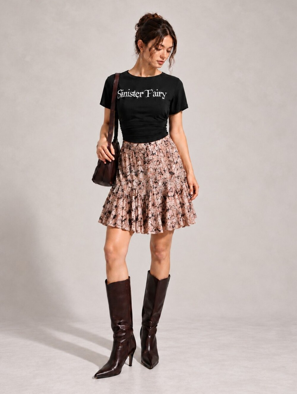 Brown Black Mini Skirt Paint Splatter Trumpet Hem Boho Fairycore Size Medium